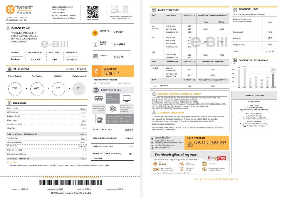 INDIA TORRENT POWER business utility bill Word and PDF template PSD template